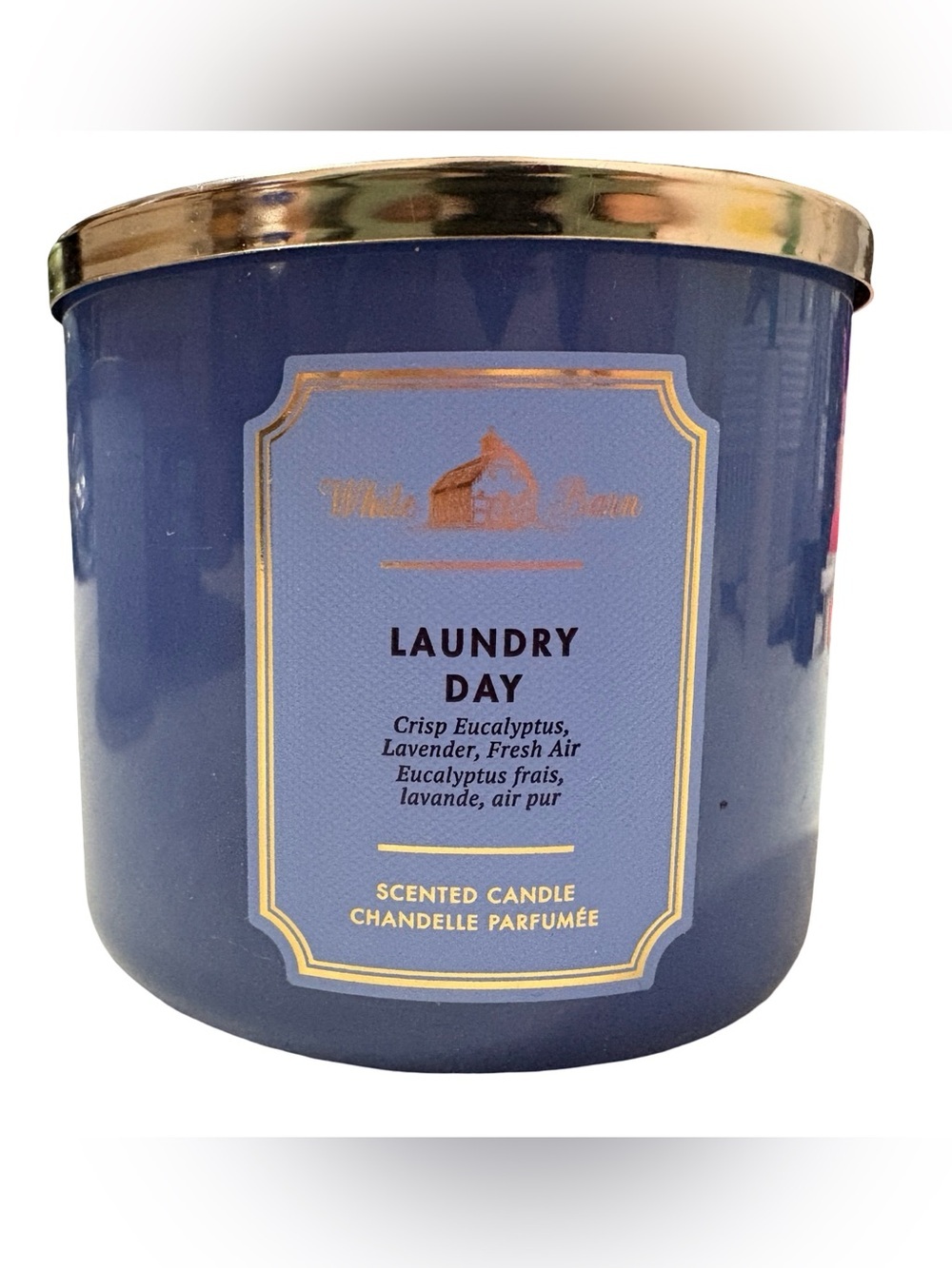 White Barn Laundry Day 3-Wick Scented Candle Eucalyptus Lavender Navy Gold Lid